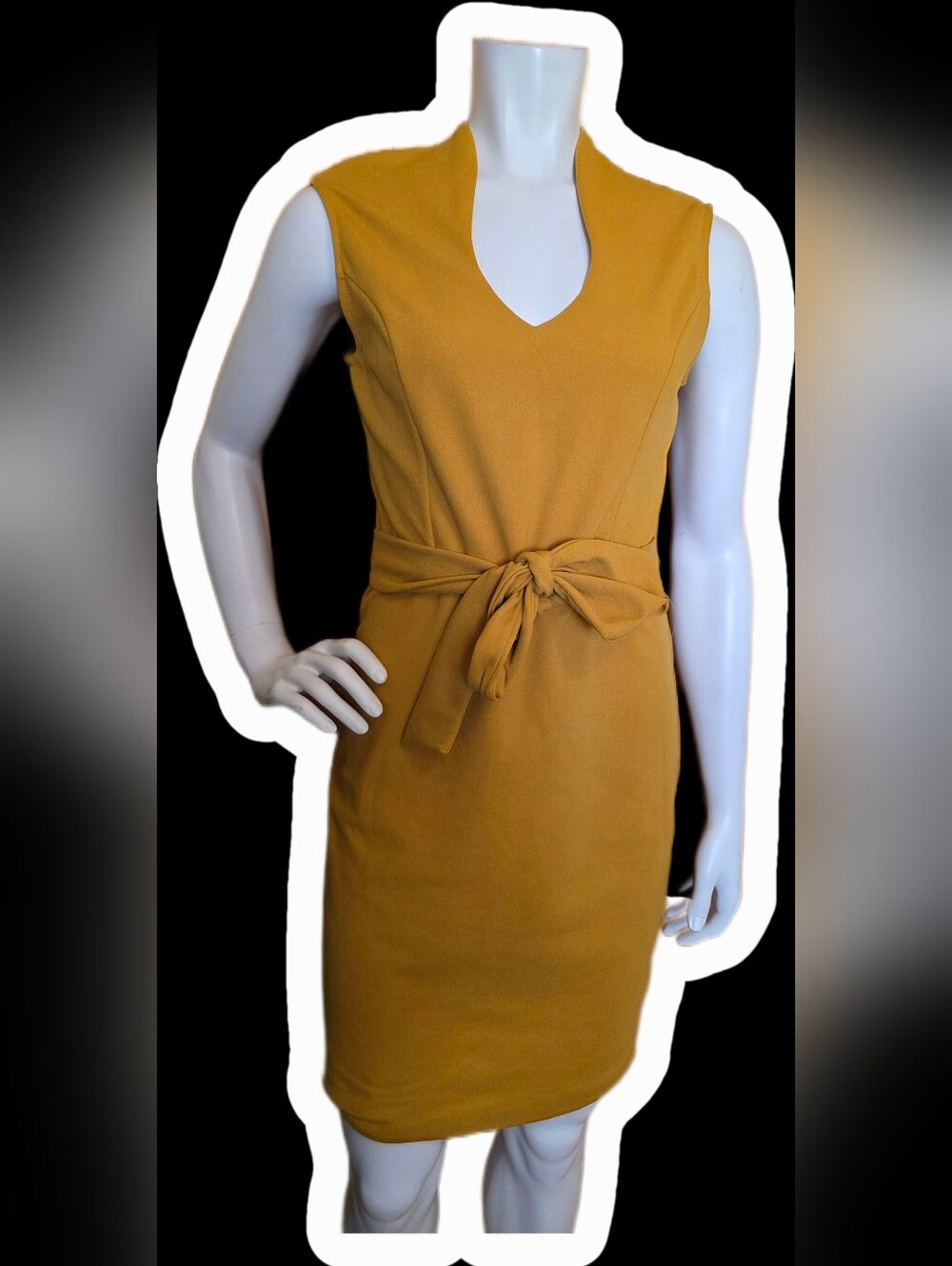 Suzy Shier Mustard Sleeveless V-Neck Tie-Waist Dress